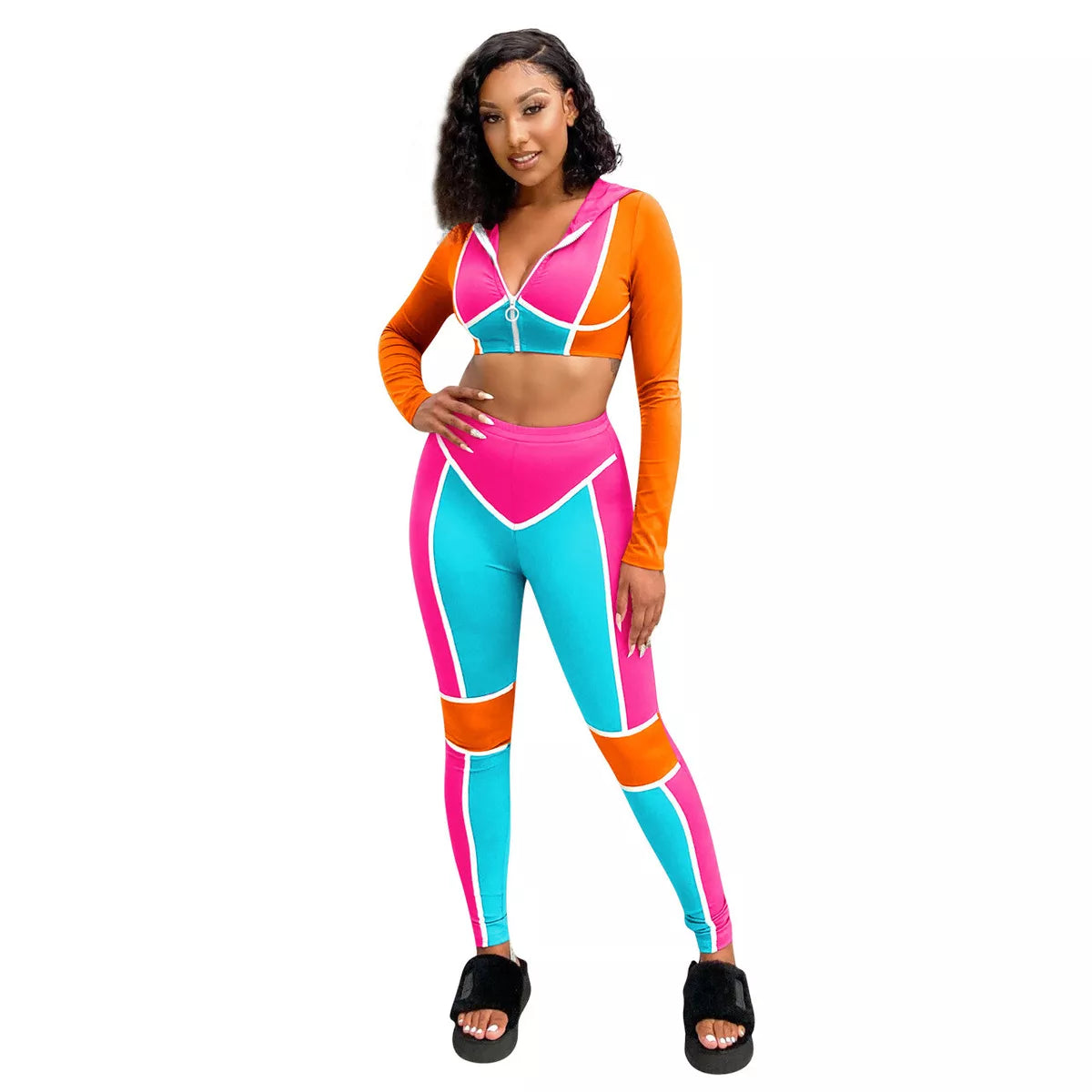 Long Sleeves Zipper Color Block Hooded Bodycon Jumpsuit 2pcs XD21