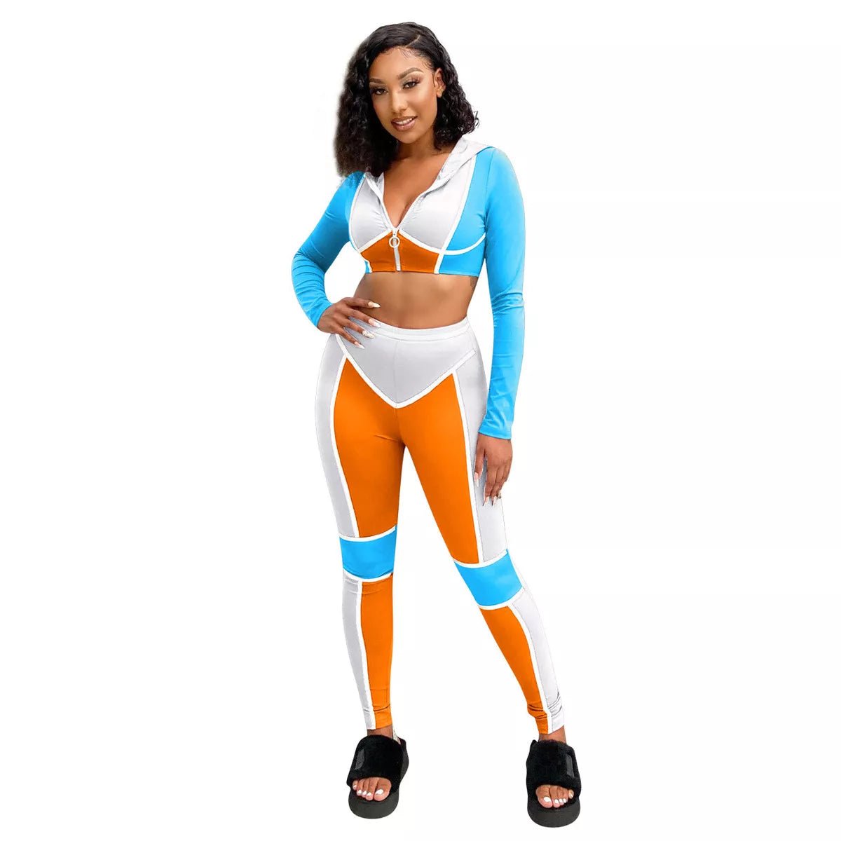 Long Sleeves Zipper Color Block Hooded Bodycon Jumpsuit 2pcs XD21