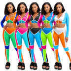 Long Sleeves Zipper Color Block Hooded Bodycon Jumpsuit 2pcs XD21