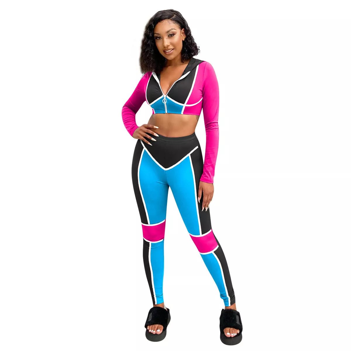 Long Sleeves Zipper Color Block Hooded Bodycon Jumpsuit 2pcs XD21