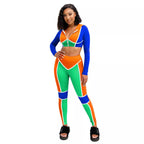 Long Sleeves Zipper Color Block Hooded Bodycon Jumpsuit 2pcs XD21