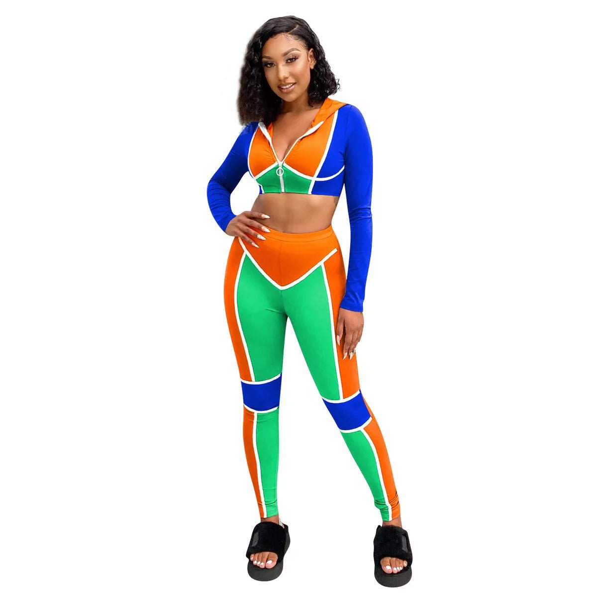 Long Sleeves Zipper Color Block Hooded Bodycon Jumpsuit 2pcs XD21