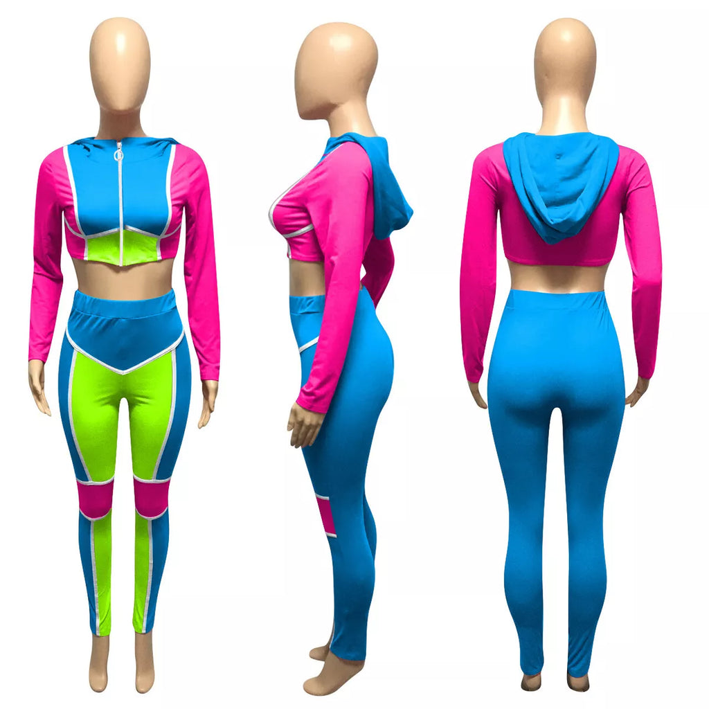 Long Sleeves Zipper Color Block Hooded Bodycon Jumpsuit 2pcs XD21