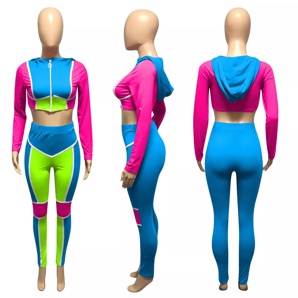 Long Sleeves Zipper Color Block Hooded Bodycon Jumpsuit 2pcs XD21