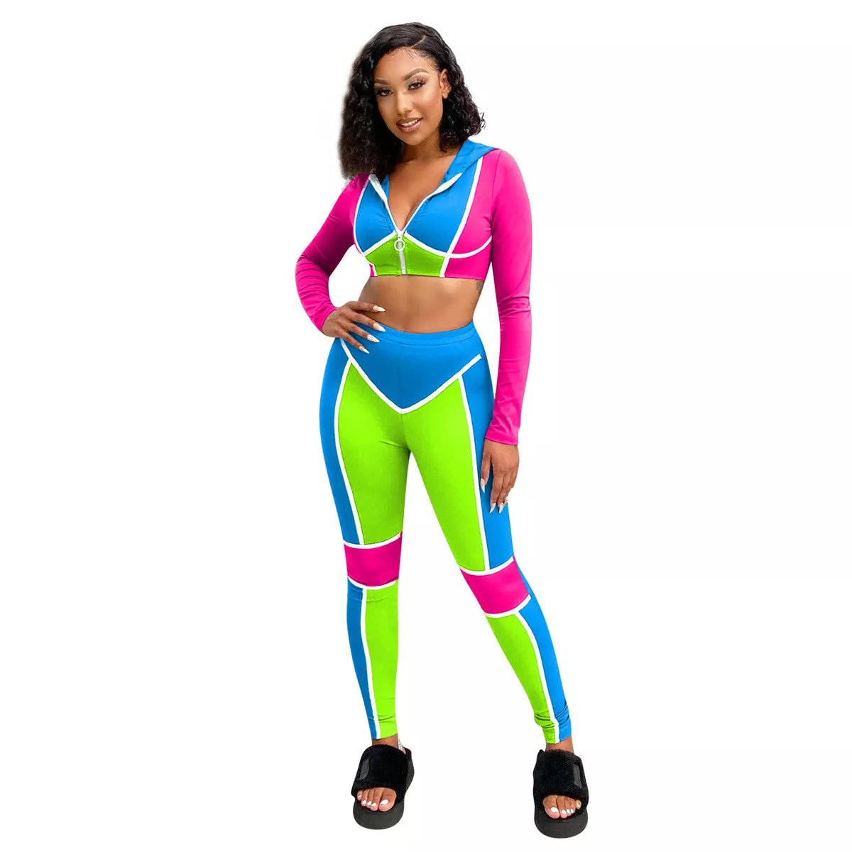 Long Sleeves Zipper Color Block Hooded Bodycon Jumpsuit 2pcs XD21