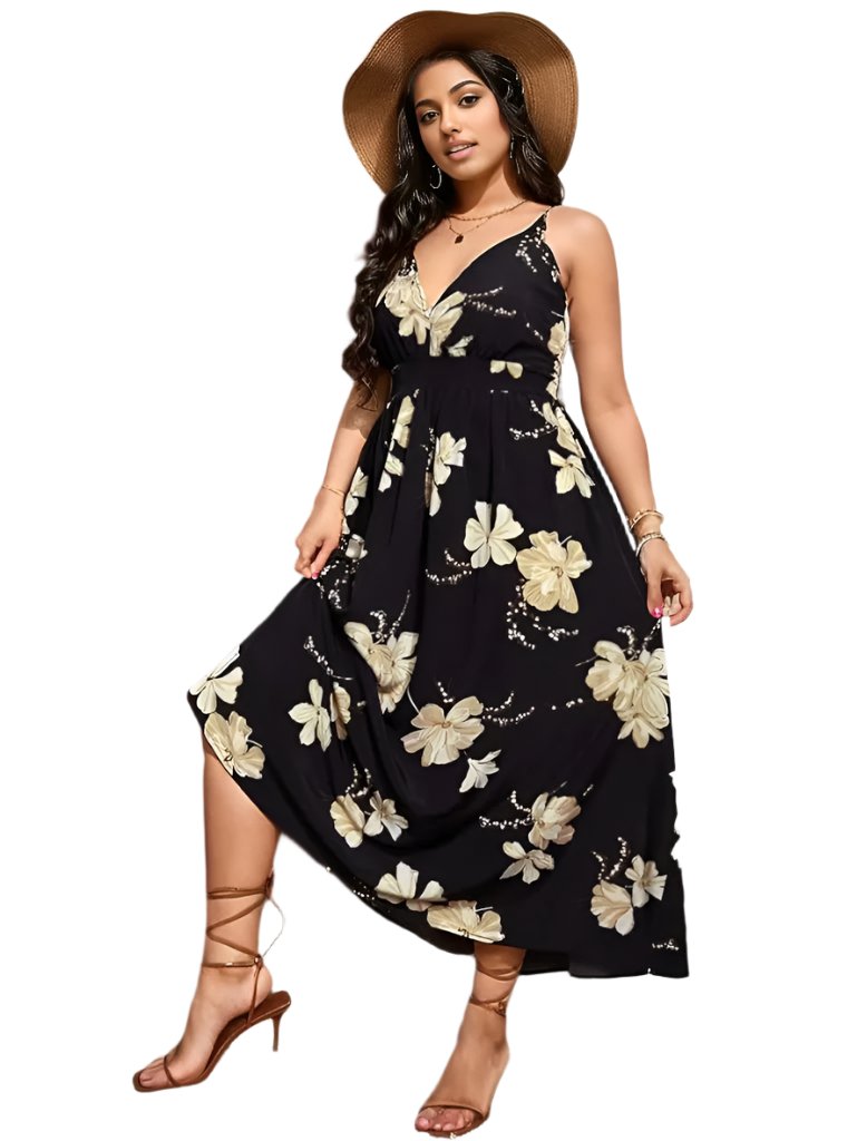 Low V Neck Spaghetti Strap Maxi Floral Dress XD21
