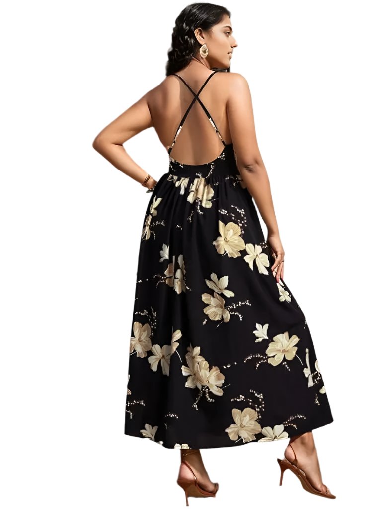 Low V Neck Spaghetti Strap Maxi Floral Dress XD21
