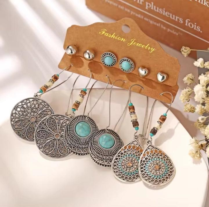 Mandala Boho Dangle Earrings & Studs 6pc Set XD21