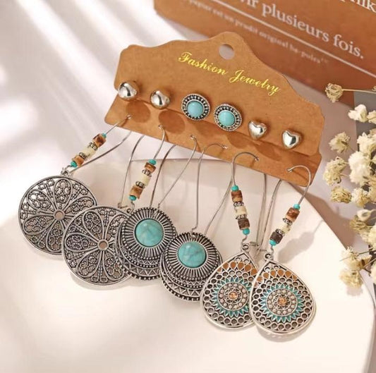 Mandala Boho Dangle Earrings & Studs 6pc Set XD21