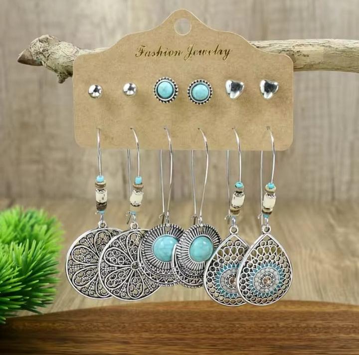 Mandala Boho Dangle Earrings & Studs 6pc Set XD21