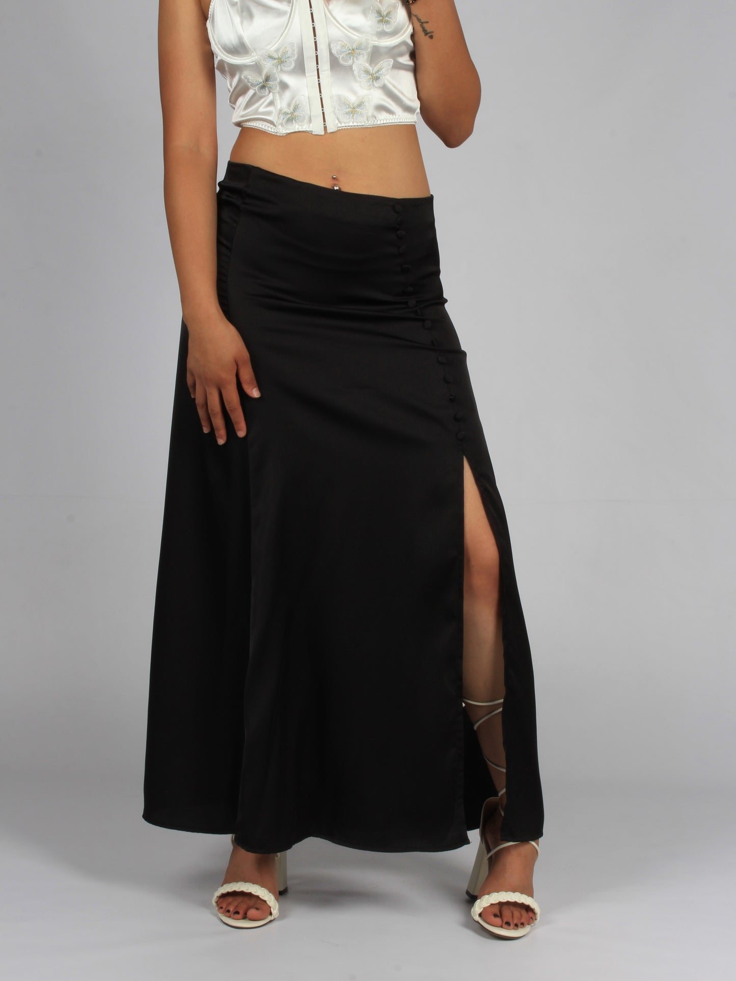 Maxi button silky slit skirt XD21