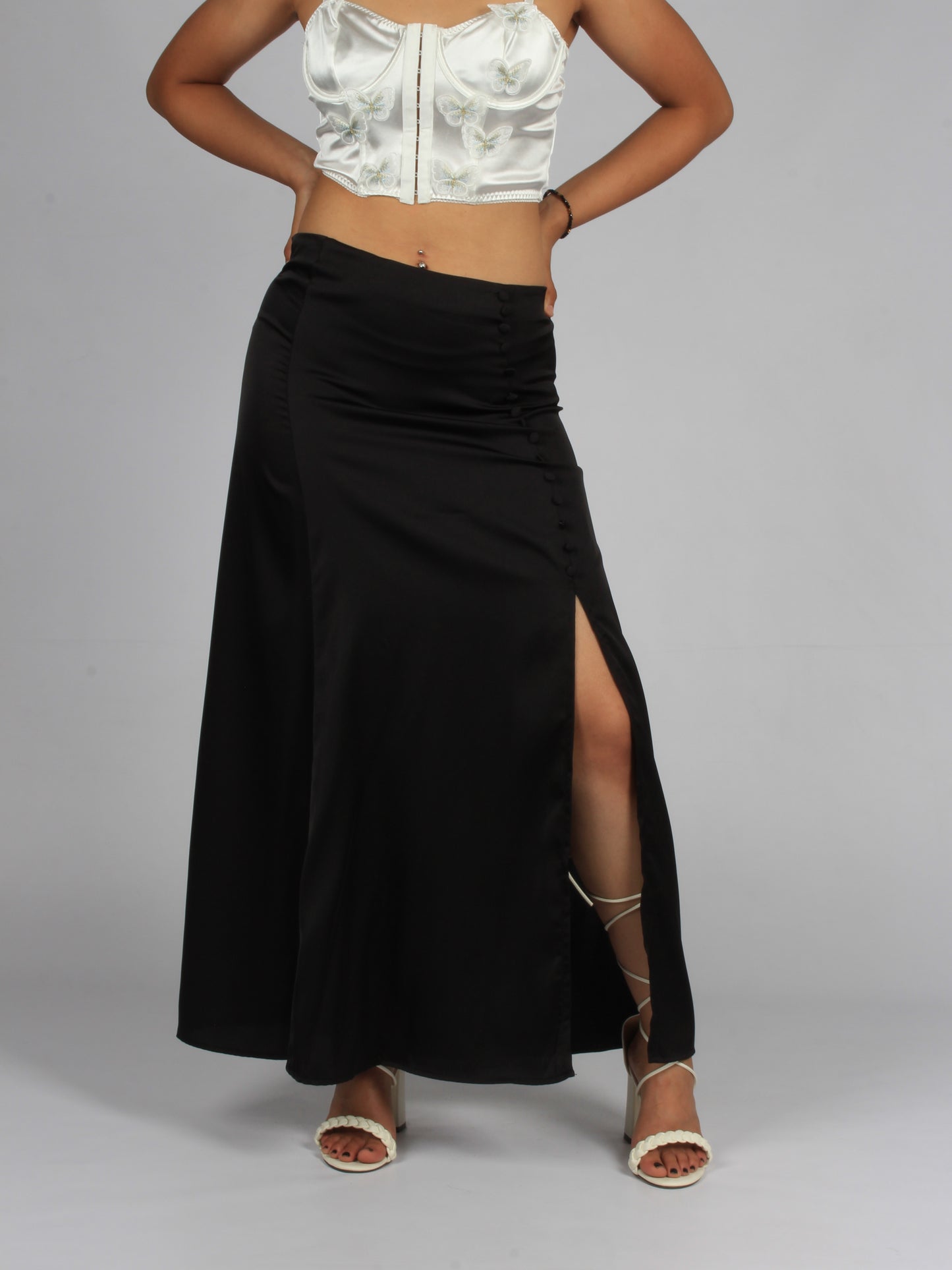 Maxi button silky slit skirt XD21