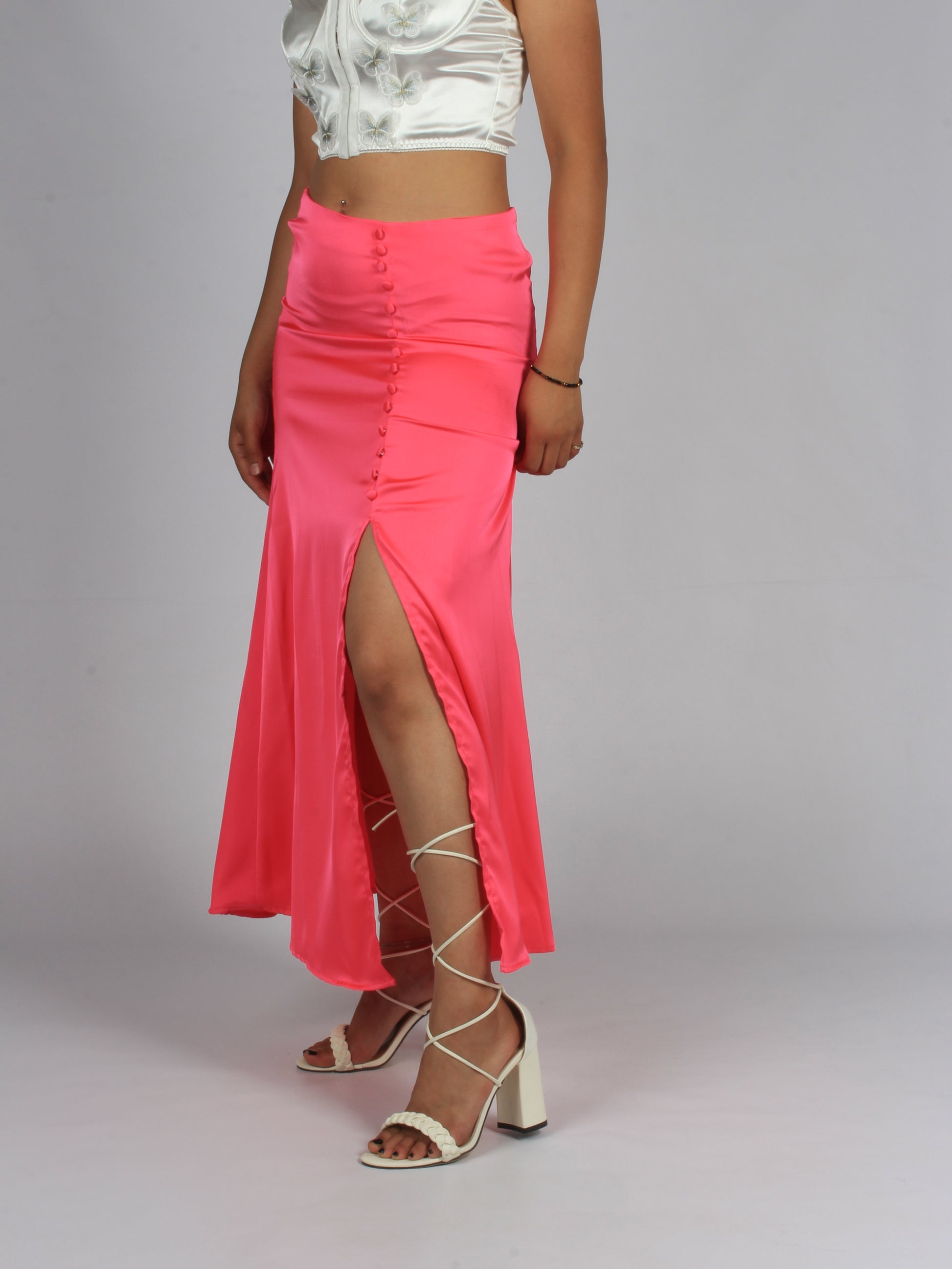 Maxi button silky slit skirt XD21