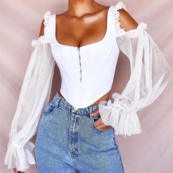 Mesh Lantern Long Sleeve Corset Top