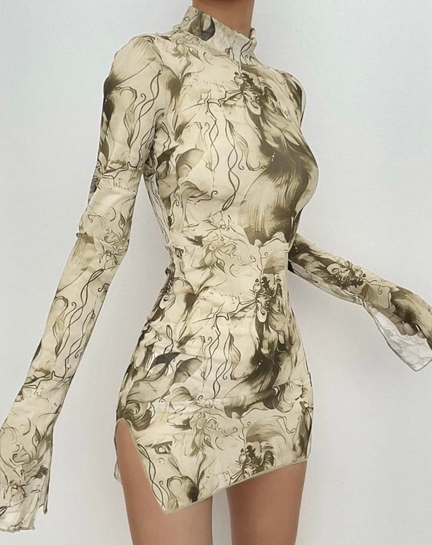 Mesh Printed Round Neck Bell Sleeve Side Open Hip Dress XD21