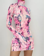 Mesh Printed Round Neck Bell Sleeve Side Open Hip Dress XD21