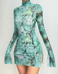 Mesh Printed Round Neck Bell Sleeve Side Open Hip Dress XD21