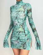 Mesh Printed Round Neck Bell Sleeve Side Open Hip Dress XD21