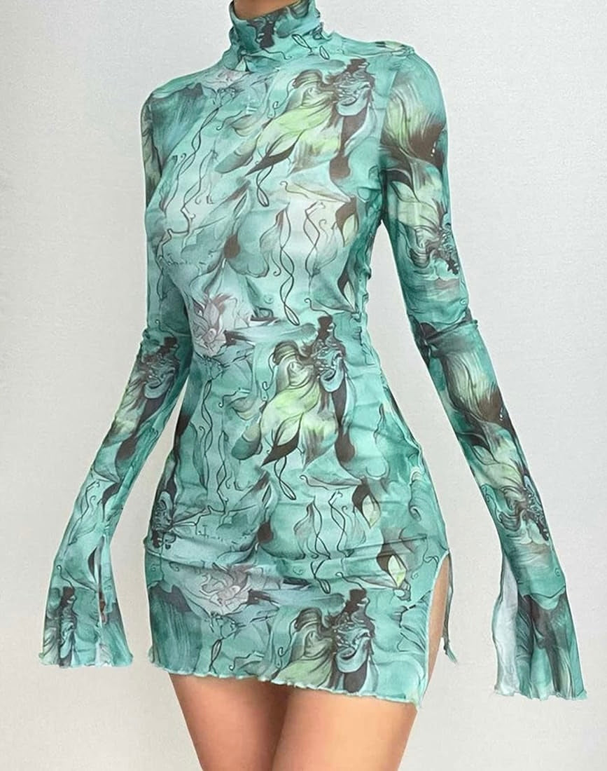 Mesh Printed Round Neck Bell Sleeve Side Open Hip Dress XD21