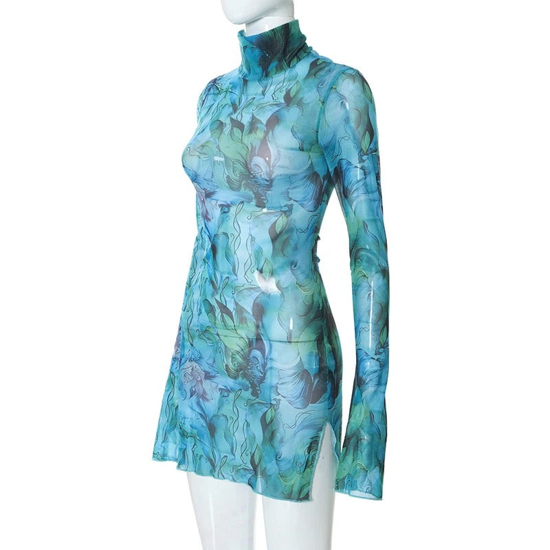 Mesh Printed Round Neck Bell Sleeve Side Open Hip Dress XD21