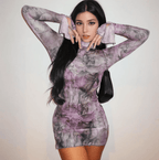 Mesh Printed Round Neck Bell Sleeve Side Open Hip Dress XD21