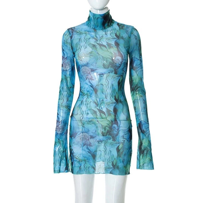 Mesh Printed Round Neck Bell Sleeve Side Open Hip Dress XD21