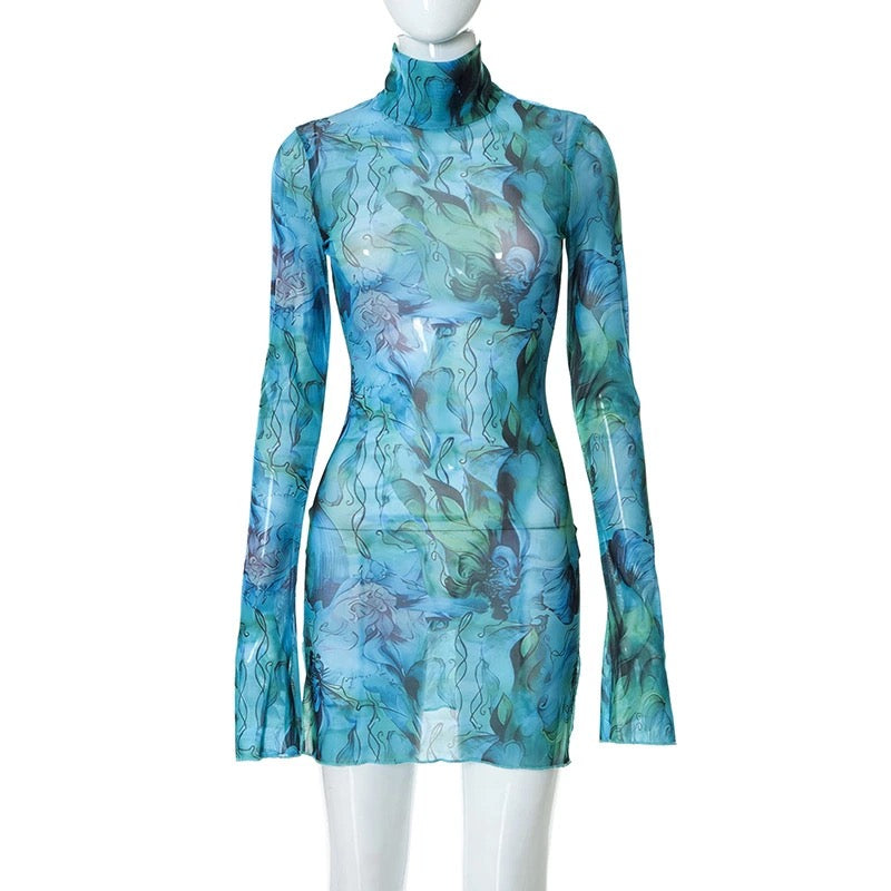 Mesh Printed Round Neck Bell Sleeve Side Open Hip Dress XD21