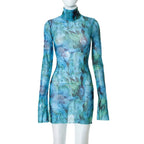 Mesh Printed Round Neck Bell Sleeve Side Open Hip Dress XD21