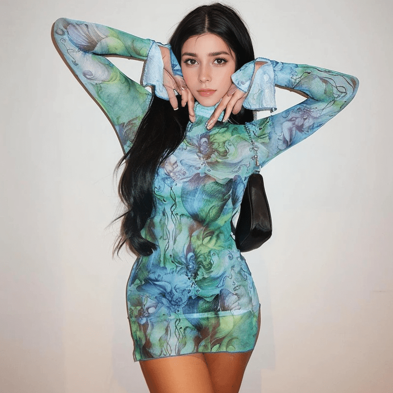 Mesh Printed Round Neck Bell Sleeve Side Open Hip Dress XD21