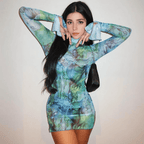 Mesh Printed Round Neck Bell Sleeve Side Open Hip Dress XD21