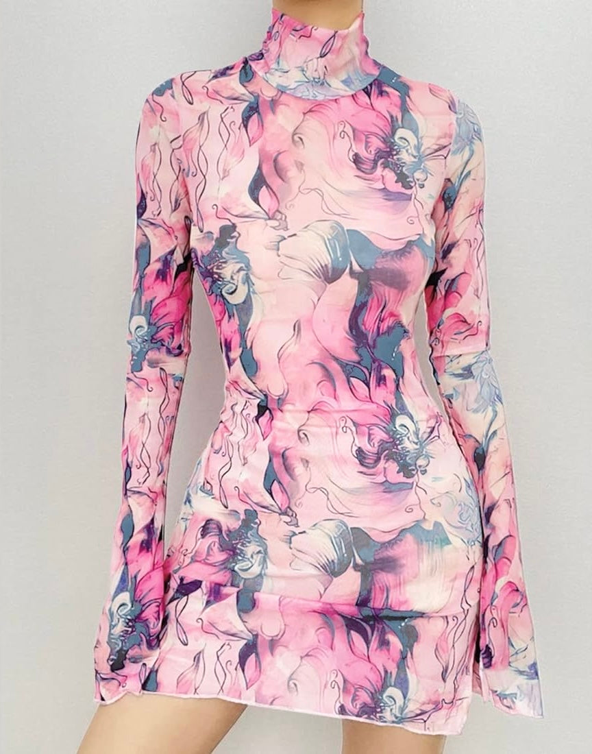 Mesh Printed Round Neck Bell Sleeve Side Open Hip Dress XD21