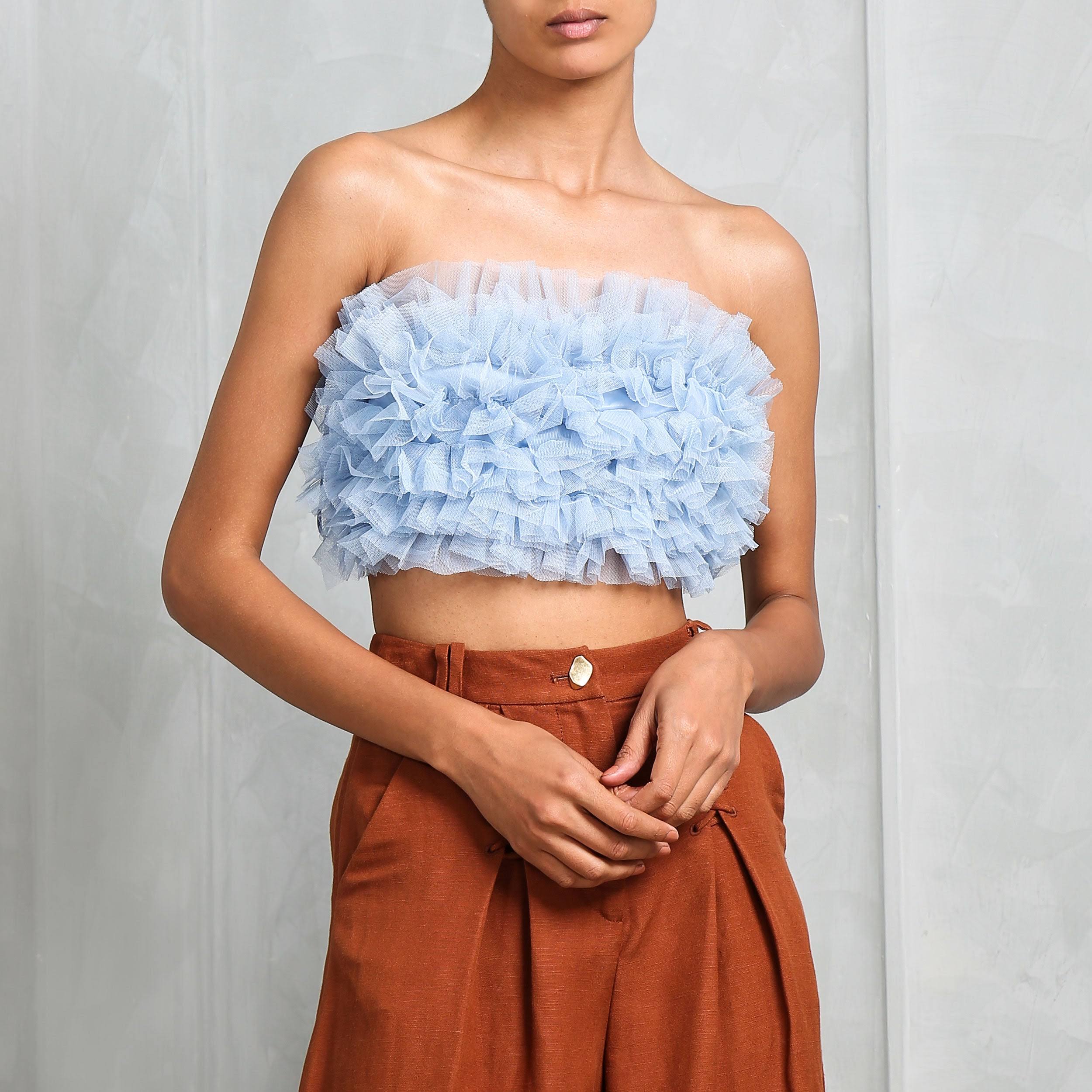 Mesh Ruffle Trim Crop Tube Top XD21