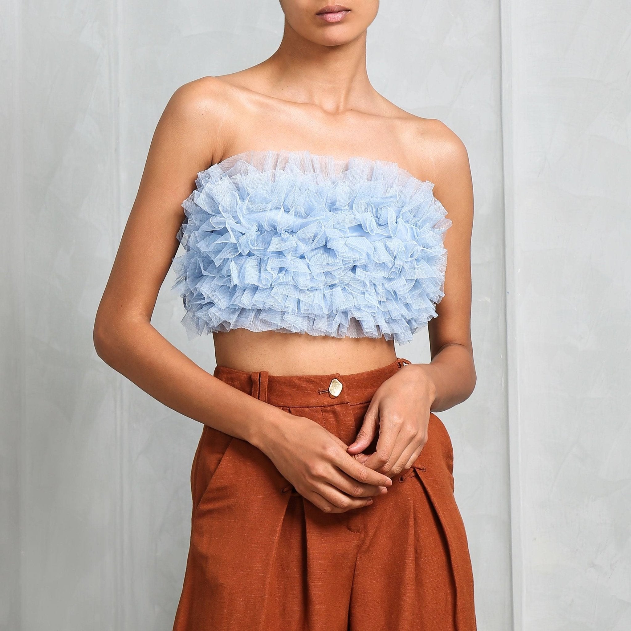 Mesh Ruffle Top Mesh Ruffle Trim Crop Tube Top - XD21