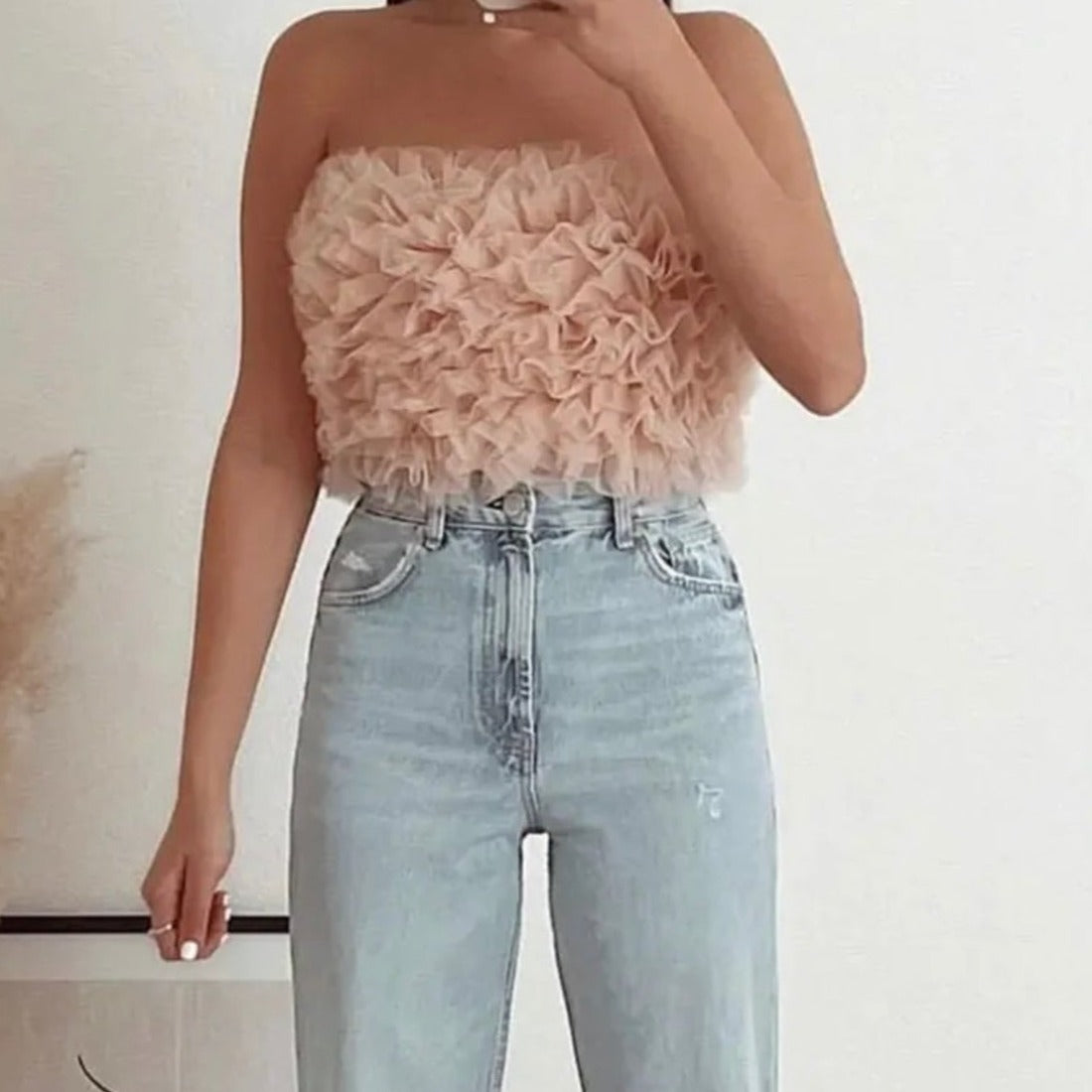 Mesh Ruffle Trim Crop Tube Top XD21