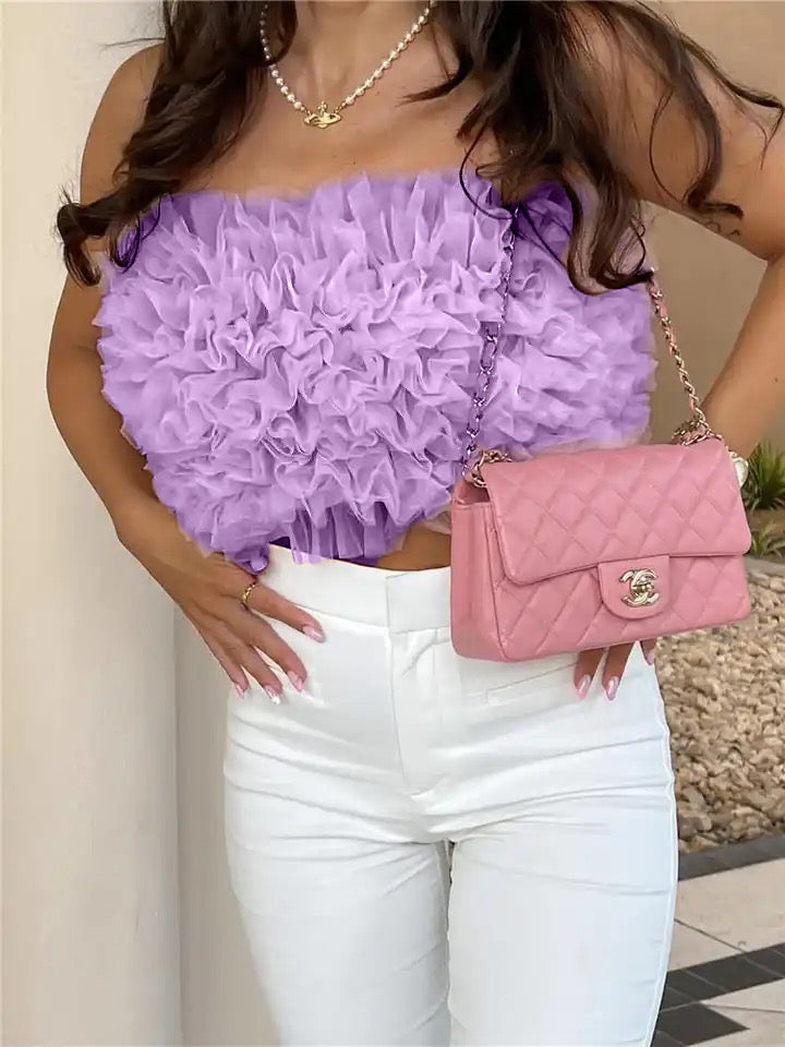 Mesh Ruffle Trim Crop Tube Top XD21