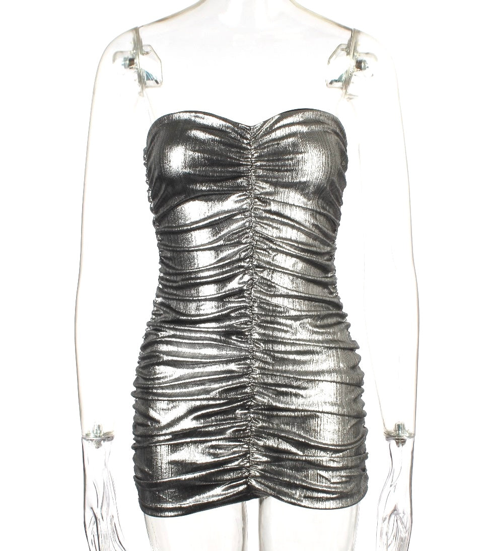 Metal ruched boobtube mini Bodycon XD21