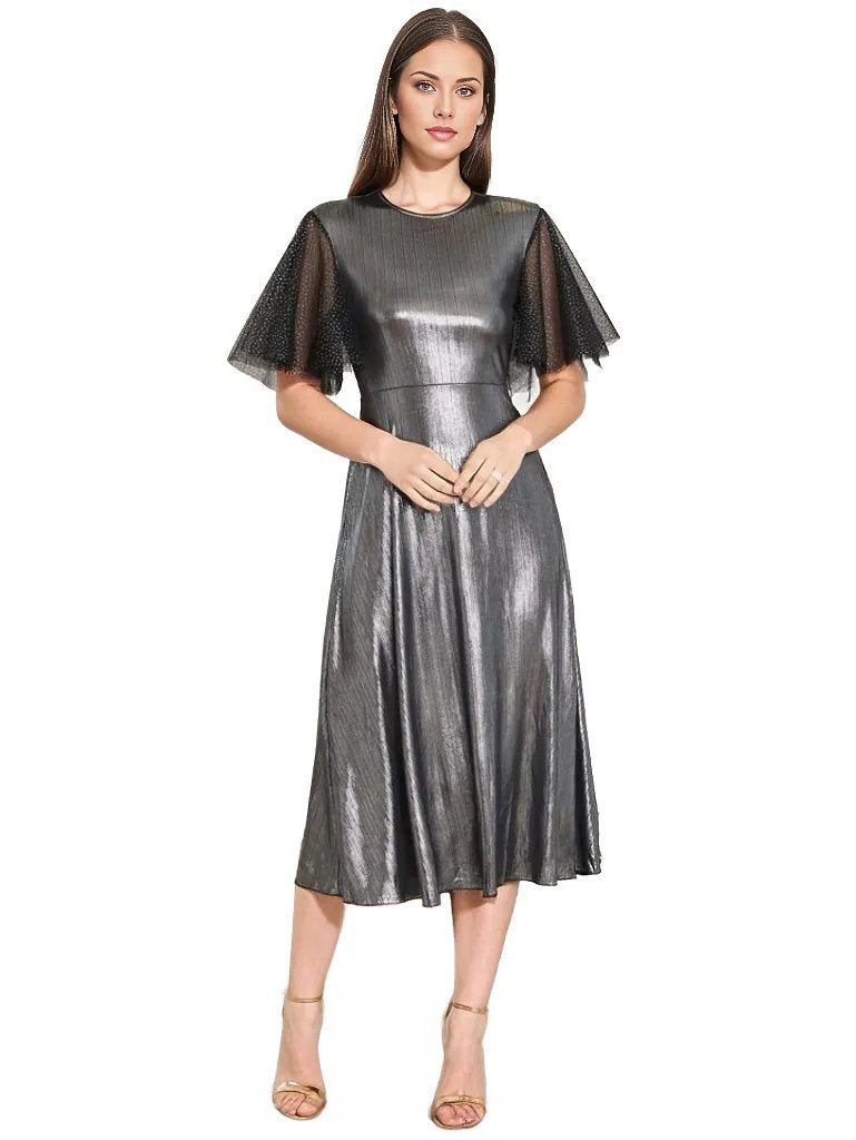Metallic Grey Mesh Frill Sleeve Midi Dress XD21