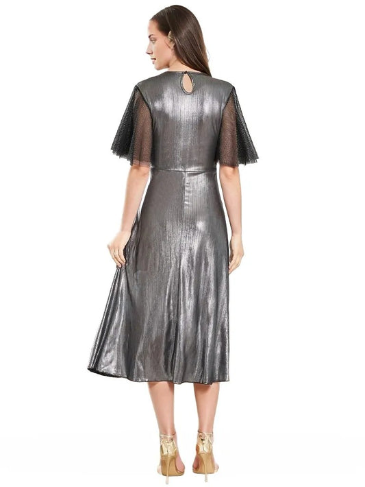Metallic Grey Mesh Frill Sleeve Midi Dress XD21