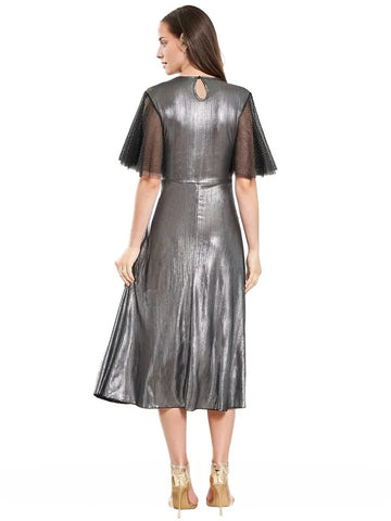 Metallic Grey Mesh Frill Sleeve Midi Dress XD21