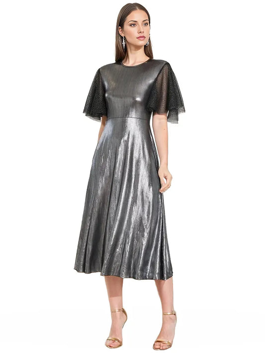 Metallic Grey Mesh Frill Sleeve Midi Dress XD21