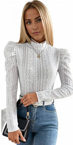 Mock Neck Gigot Sleeve Lace Thin Bodysuit XD21