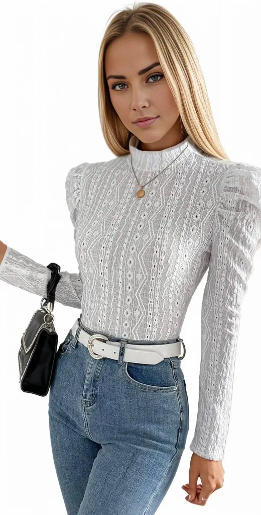 Mock Neck Gigot Sleeve Lace Thin Bodysuit XD21