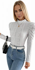 Mock Neck Gigot Sleeve Lace Thin Bodysuit XD21