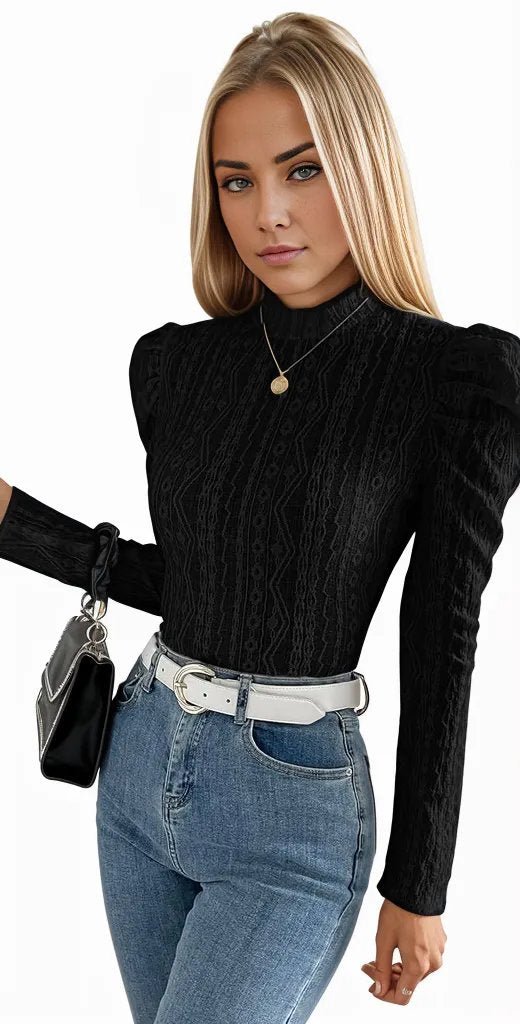 Mock Neck Gigot Sleeve Lace Thin Bodysuit XD21