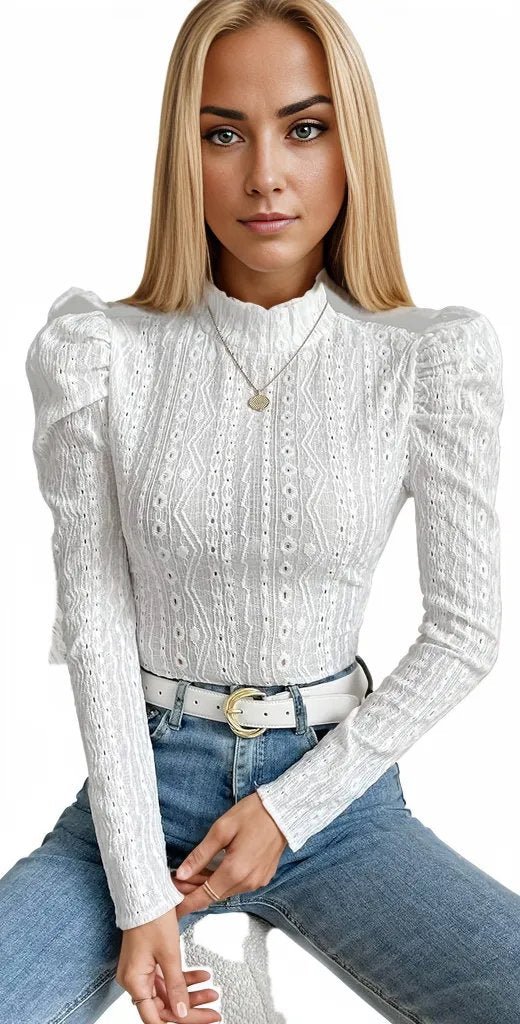 Mock Neck Gigot Sleeve Lace Thin Bodysuit XD21