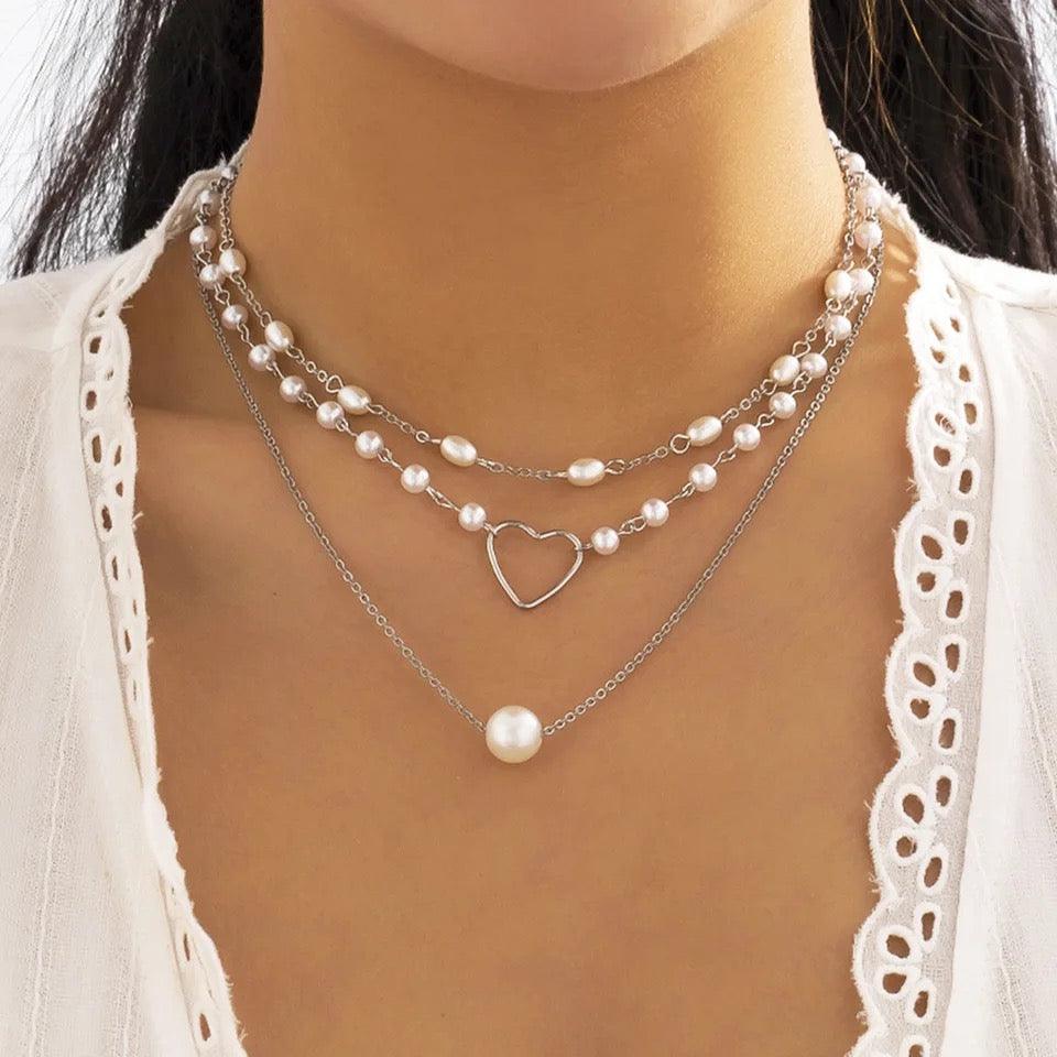 Multi Layer Pearl Peach Heart Pendant Necklace - XD21