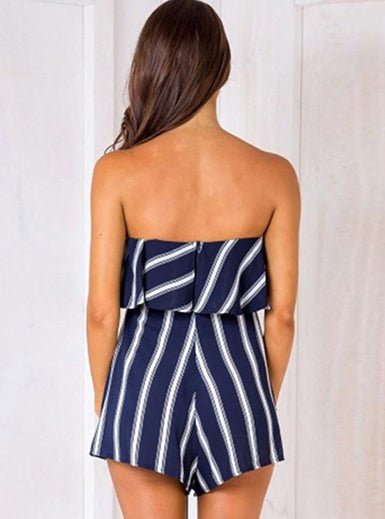 Navy Blue Stripe Tube Shorts Jumpsuit XD21