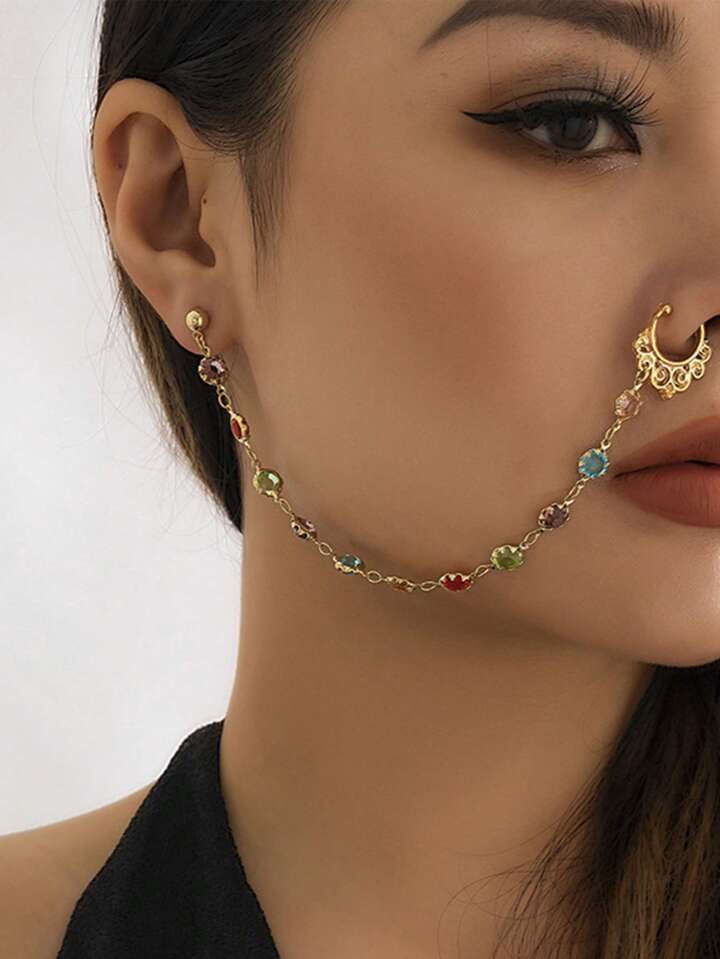 Nose Ring Chain Rhinestone Ear Stud XD21