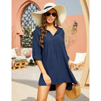Notched Neck Flounce Sleeve Tunic Dress XD21