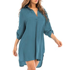 Notched Neck Flounce Sleeve Tunic Dress XD21